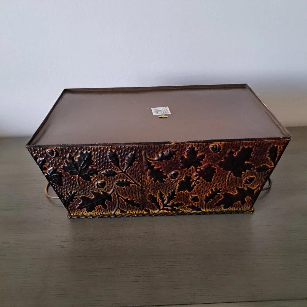 Vintage Distressed Metal Basket Fall Motif Large Ornamental Box with Handles - Picture 8 of 9